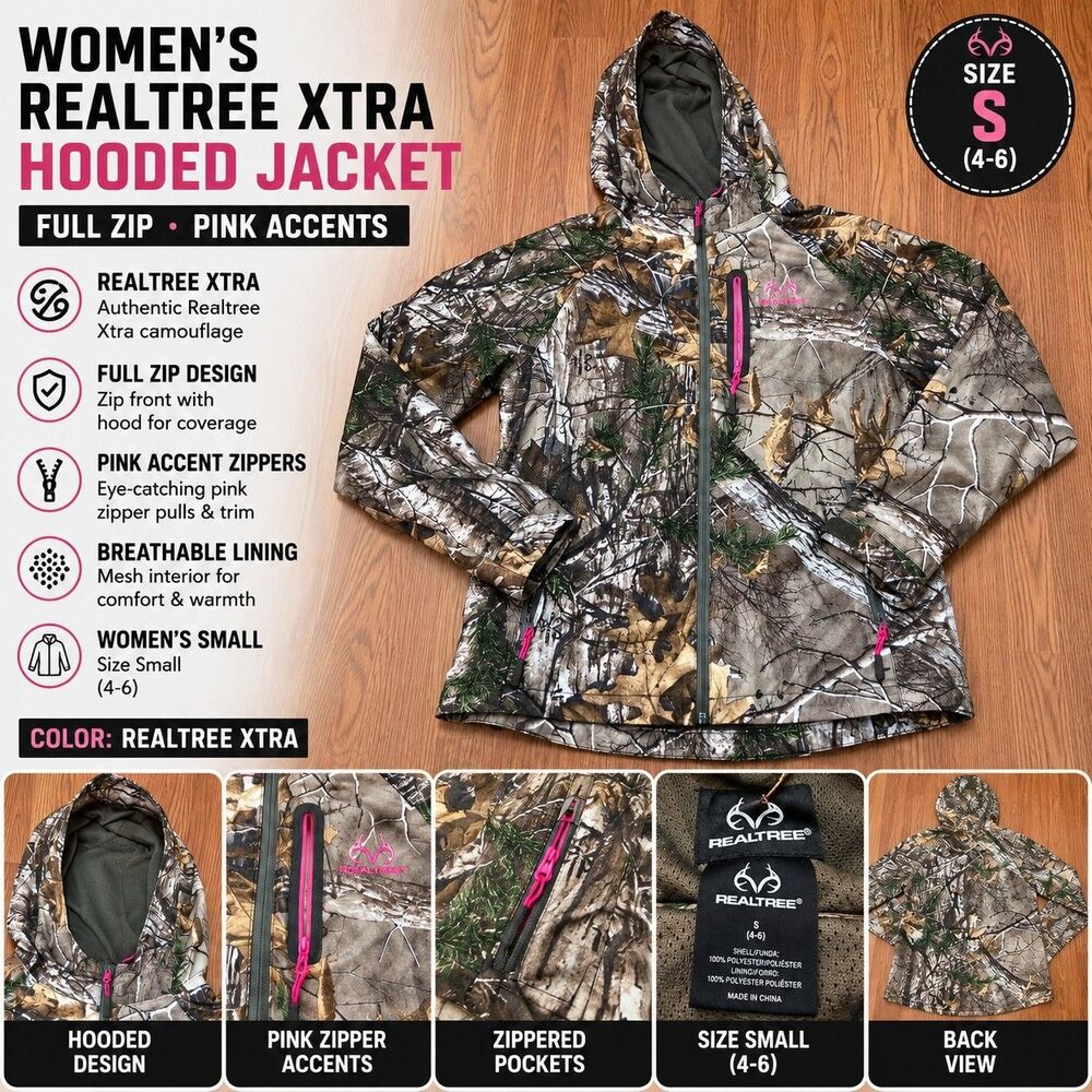 Realtree Xtra Women's Small Camo Hooded Jacket Pink Zippers Full Zip